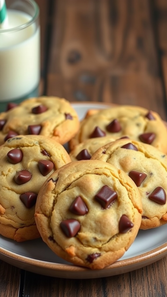Chewy Chocolate Chip Cookie Recipe Plate of chewy chocolate chip cookies with melted chocolate chips, next to a glass of milk.